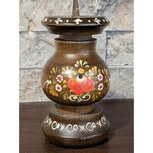 Vintage Folk Art Floral Hand Painted Pillar Wooden Candle Holder 4 inches Tall